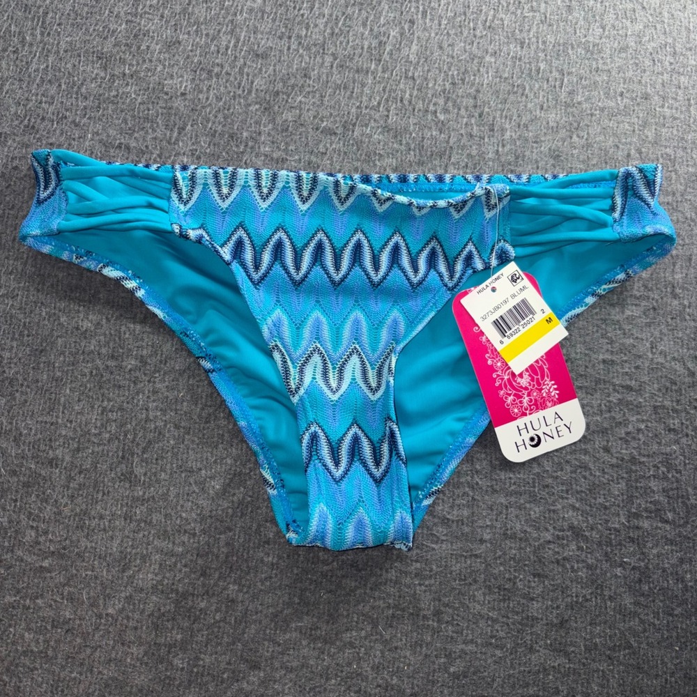 Hula Honey Blue Chevron Crochet Strappy Side Bikini Bottoms 3273JB0197 BLUML M